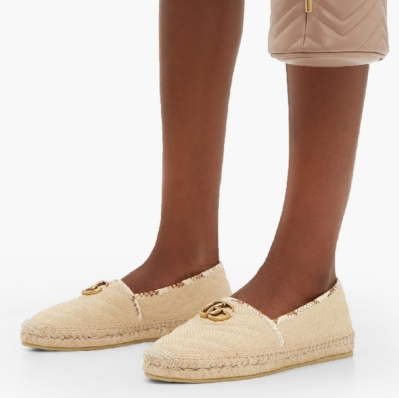 Gucci Women Chevron Raffia Espadrille with Double G, natural/brown. - Picture 8 of 14